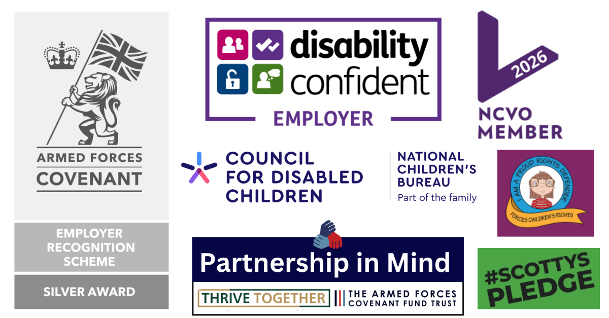 A white graphic displaying several organisation badges and partnership logos, including the Armed Forces Covenant Employer Recognition Scheme Silver Award, Disability Confident Employer, NCVO Member 2026, Council for Disabled Children, National Children&rsquo;s Bureau, Partnership in Mind, Thrive Together, The Armed Forces Covenant Fund Trust, a Proud Rights Defender badge, and #ScottysPledge.