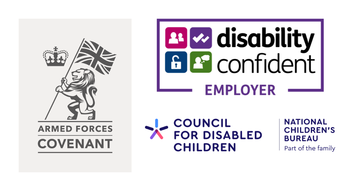 A graphic displaying three partnership and accreditation logos: the Armed Forces Covenant logo on the left, the Disability Confident Employer logo at the top right, and the Council for Disabled Children / National Children’s Bureau logo at the bottom right.
