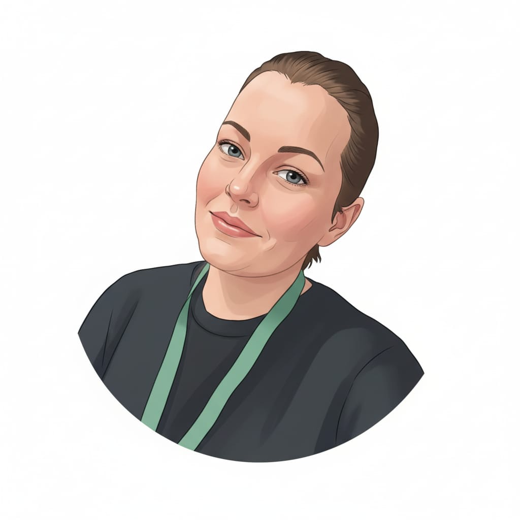 Digital illustrated headshot of a person with tied-back brown hair, wearing a dark top and green lanyard, shown on a white background.