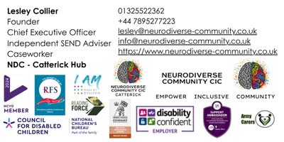 **Alternative text:** Email signature for Lesley Collier, Founder and Chief Executive Officer of NeuroDiverse Community CIC. It lists her roles including Independent SEND Adviser and Caseworker, Catterick Hub lead, contact phone numbers, email addresses and the NeuroDiverse Community website. The signature includes multiple partner and membership logos, including NeuroDiverse Community CIC Catterick, Armed Forces Covenant, Disability Confident Employer, NCVO, Council for Disabled Children, National Children’s Bureau, Reading Force and Army Cares.