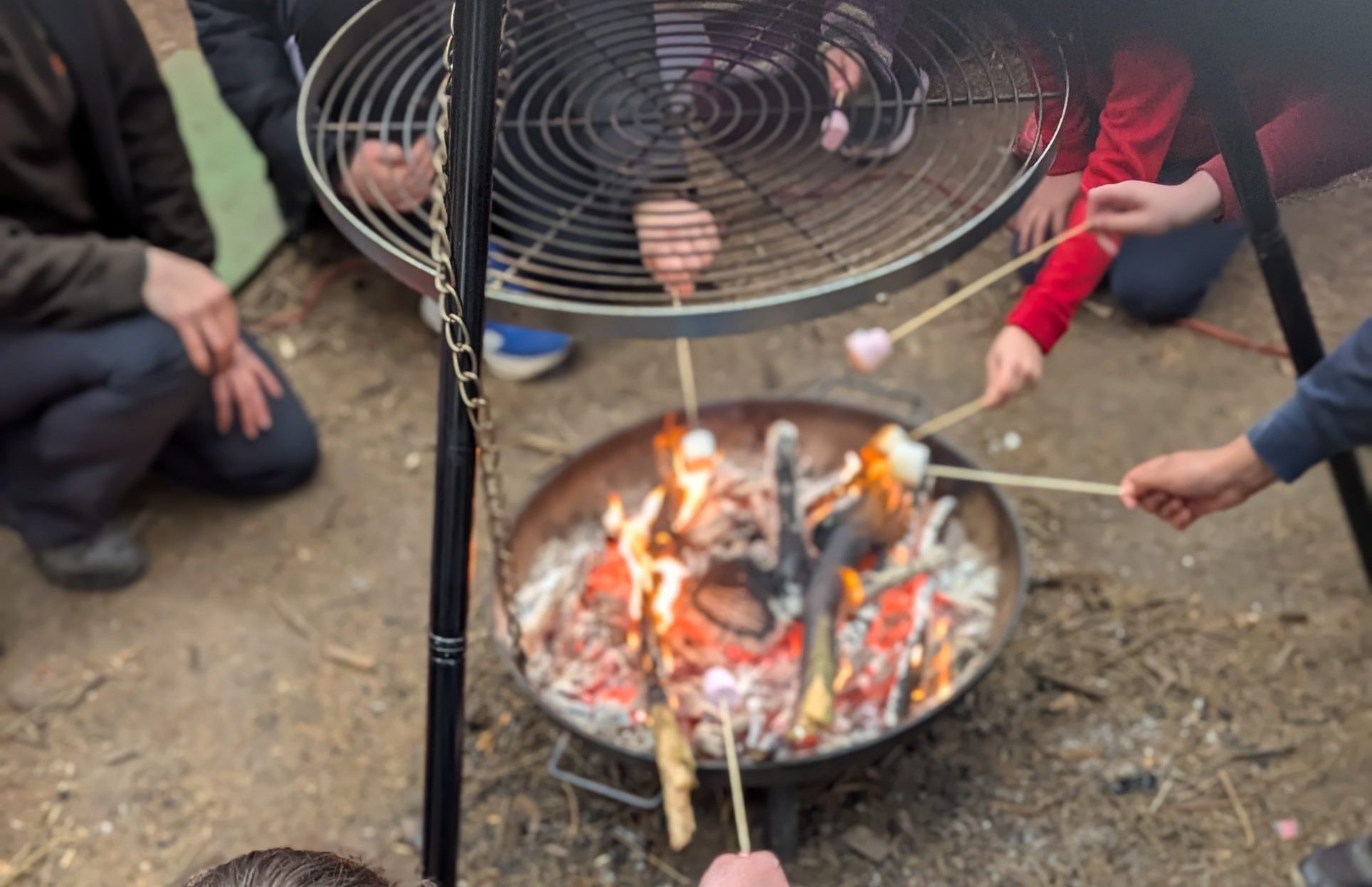 **Alternative text:** A group of people sitting around an outdoor fire pit, roasting marshmallows on long sticks. Flames and embers are visible in the centre, with a large cooking grill suspended above the fire.