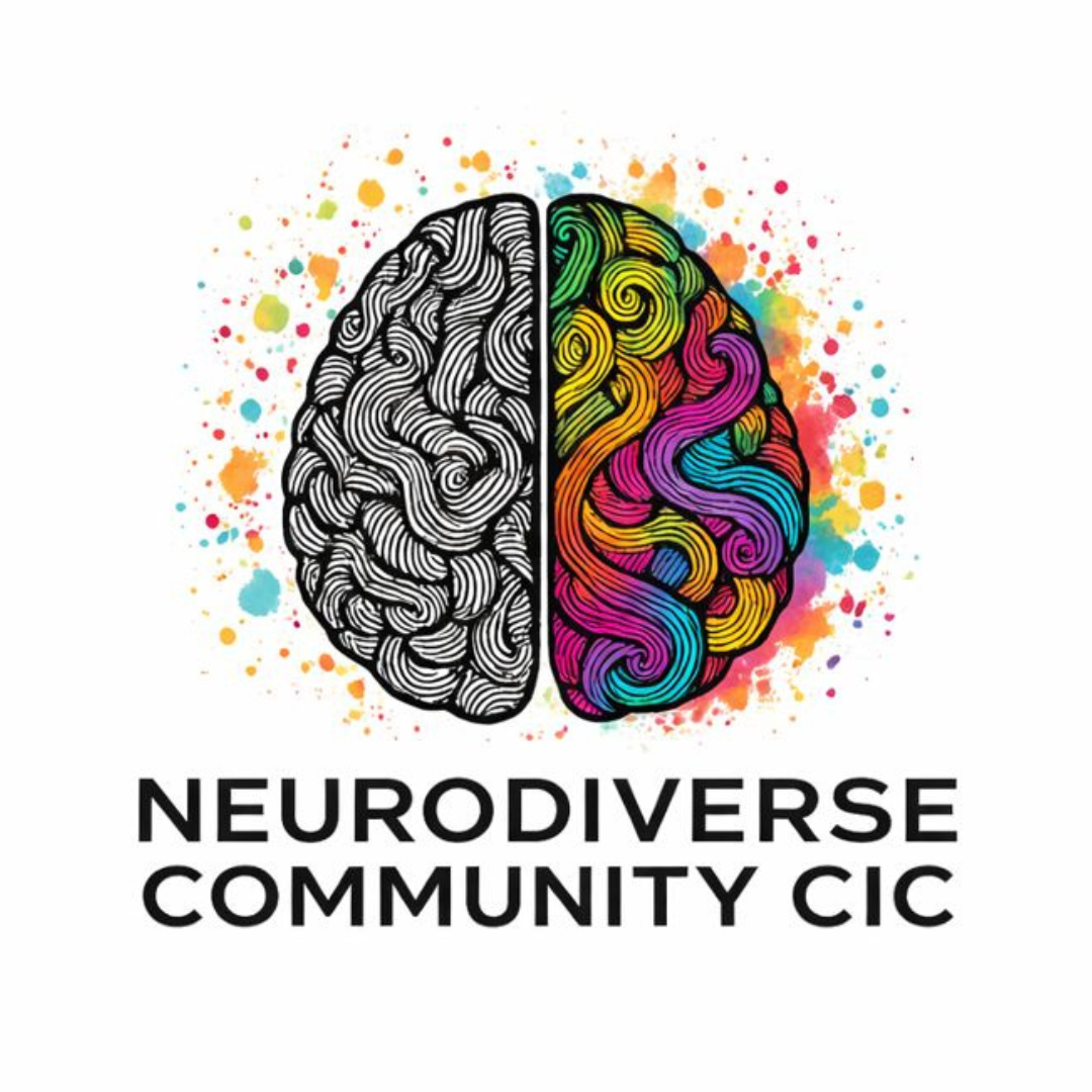 NeuroDiverse Community CIC logo showing a stylised brain, half black-and-white line art and half brightly coloured swirls, with colourful paint splashes behind it and the words “NEURODIVERSE COMMUNITY CIC” underneath.