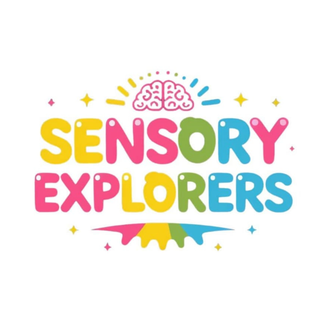 **Alternative text:** Colourful “Sensory Explorers” logo with large playful letters in yellow, pink, green and blue. A small brain icon, decorative lines, stars and a rainbow-coloured splash design appear around the text on a white background.