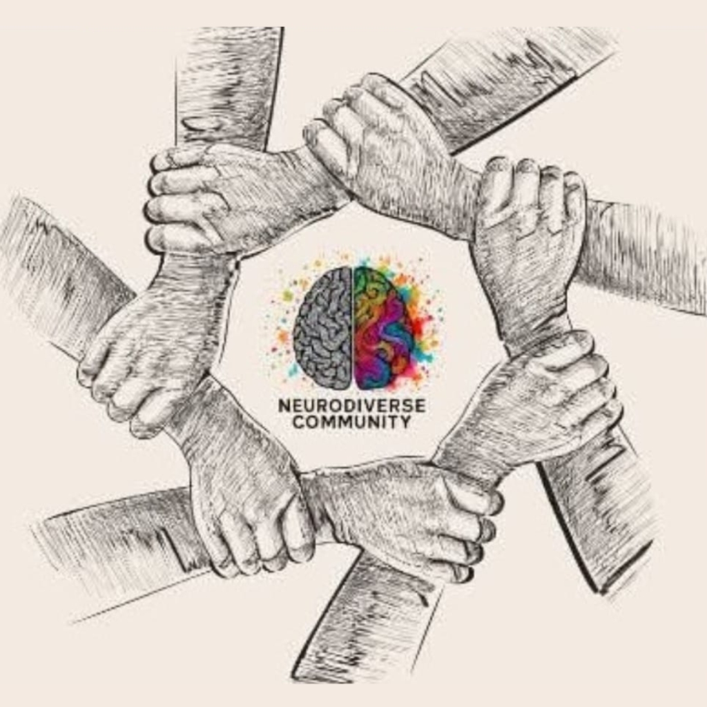 **Alternative text:** Illustration of several hands and arms holding each other’s wrists in a circle to represent unity and support. In the centre is the NeuroDiverse Community logo, showing a split brain design with one side grey and one side colourful, above the words “NeuroDiverse Community.”
