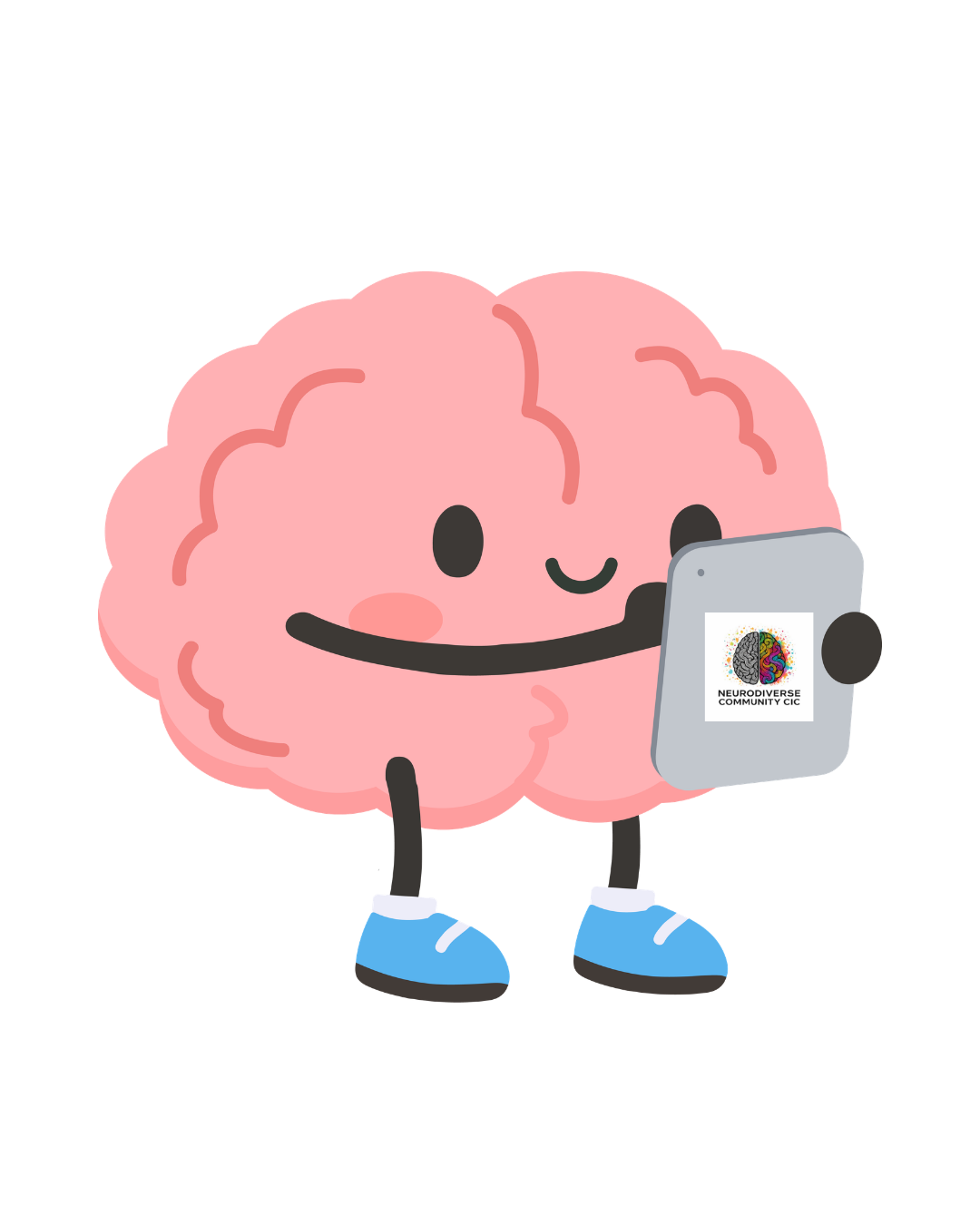 **Alternative text:** Cartoon illustration of a smiling pink brain character with arms, legs and blue shoes, holding a grey tablet displaying the NeuroDiverse Community CIC logo.
