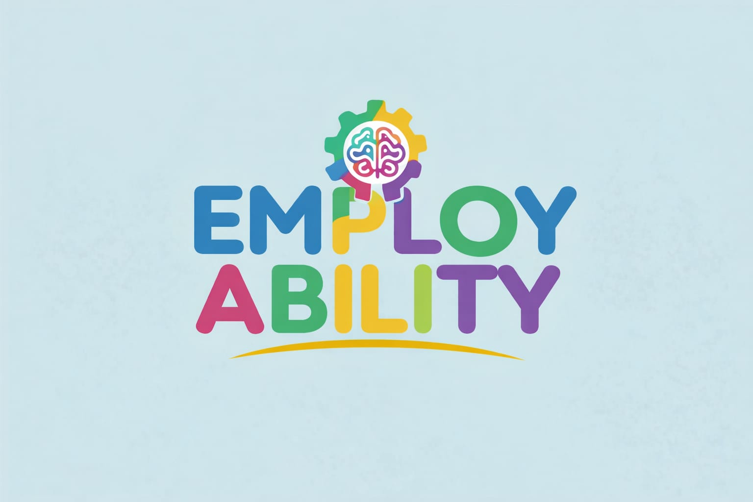 **Alternative text:** Colourful “Employ Ability” logo on a pale blue background. The text is in bold blue, green, yellow, pink and purple letters, with a multicoloured brain and cog icon above the word “Employ” and a yellow curved line underneath.