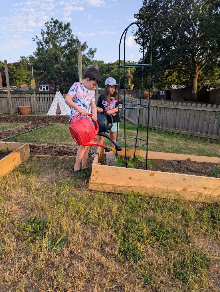 Two children water young plants in a raised garden bed outdoors using red and black watering cans. A metal plant support stands in the bed, with other raised beds, a small play tent, fencing, trees and blue sky in the background.