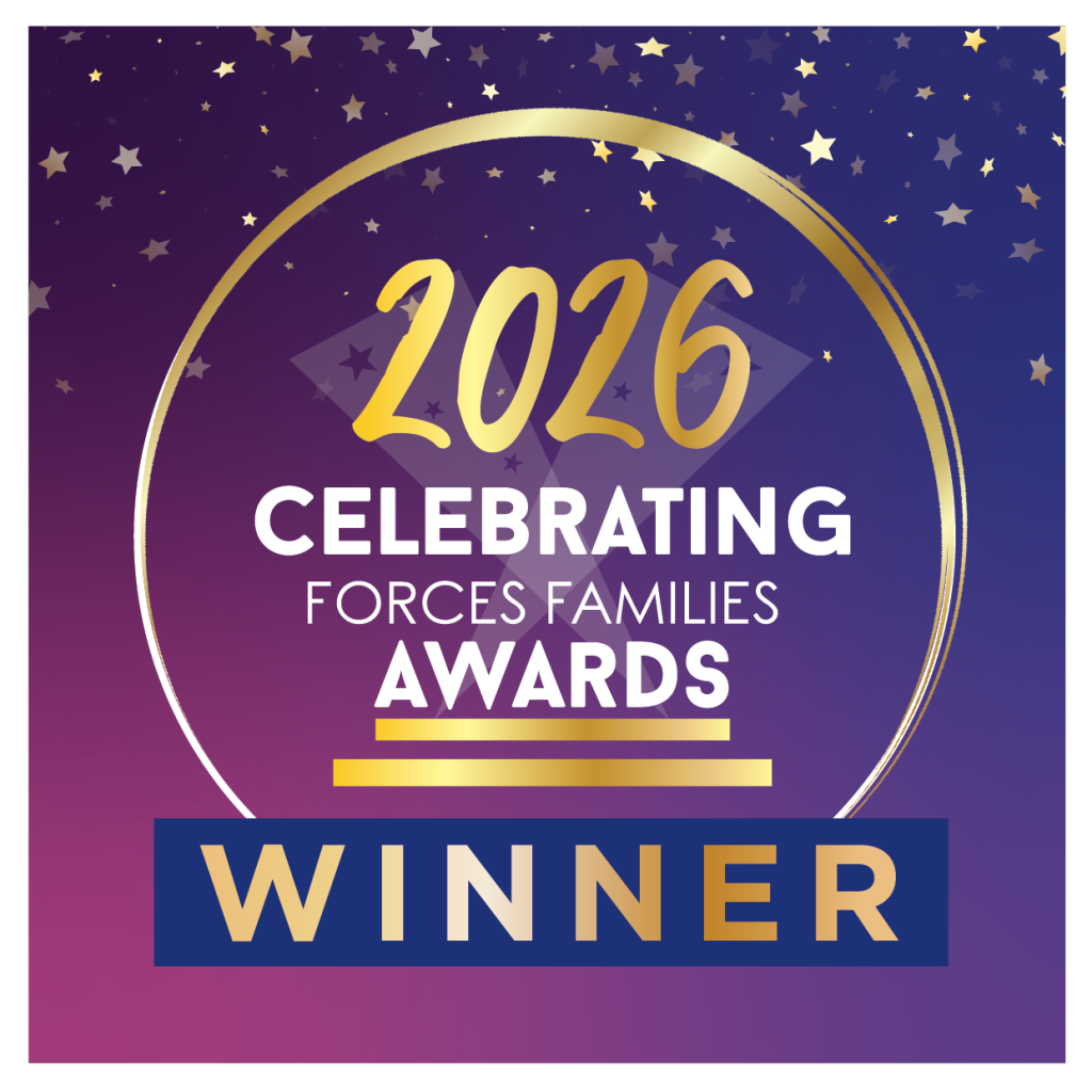 A square digital award badge with a purple and navy starry background, gold circular detailing and large text reading &ldquo;2026 Celebrating Forces Families Awards.&rdquo; A dark blue banner across the bottom says &ldquo;Winner&rdquo; in gold lettering.