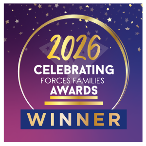 A square digital award badge with a purple and navy starry background, gold circular detailing and large text reading “2026 Celebrating Forces Families Awards.” A dark blue banner across the bottom says “Winner” in gold lettering.