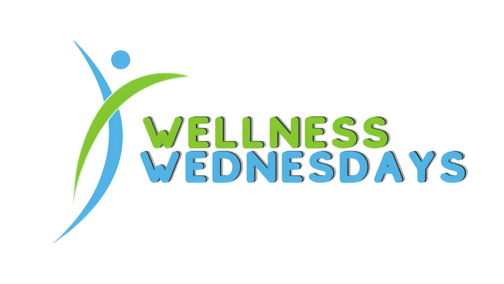 Wellness Wednesdays logo on a white background, featuring a stylised blue and green figure with arms raised beside large 3D text reading “Wellness Wednesdays.”