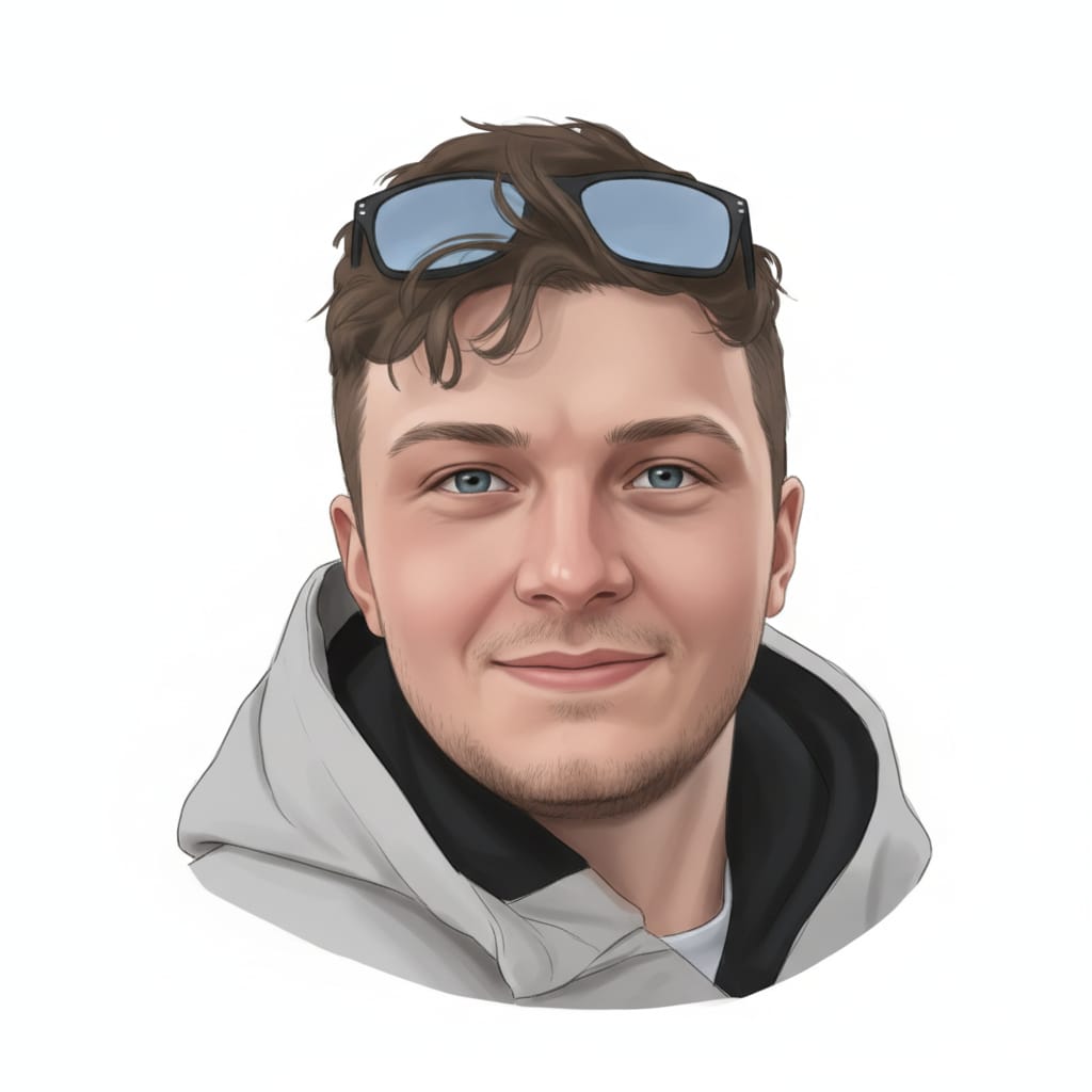 Digital illustrated portrait of a young man wearing a grey hoodie, with sunglasses resting on top of his head, looking forward against a plain white background.