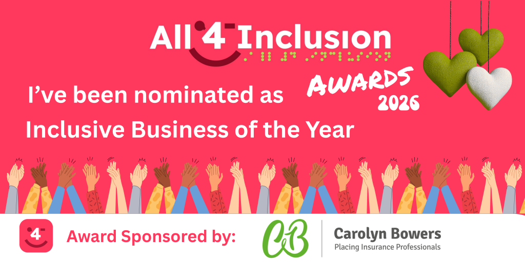 A bright pink All 4 Inclusion Awards 2026 nomination graphic. Large white text reads &ldquo;I&rsquo;ve been nominated as Inclusive Business of the Year.&rdquo; The design includes the All 4 Inclusion logo, &ldquo;Awards 2026&rdquo; text, hanging heart decorations, illustrated clapping hands along the bottom, and sponsor details reading &ldquo;Award Sponsored by: Carolyn Bowers &ndash; Placing Insurance Professionals.&rdquo;