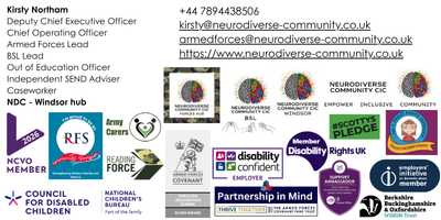 Email signature for Kirsty Northam, Deputy Chief Executive Officer at NeuroDiverse Community CIC, showing her roles, contact details, website link and organisation branding. The signature also includes multiple partner, membership and accreditation logos, including Armed Forces Covenant, Employer Recognition Scheme Silver Award, Disability Confident, NCVO, Reading Force, Army Carers and other community support organisations.