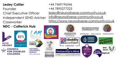 Email signature for Lesley Collier, Founder and Chief Executive Officer of NeuroDiverse Community CIC, showing her roles, contact details, website link and NDC Catterick Hub branding. The signature includes multiple partner, membership and accreditation logos, including Armed Forces Covenant, Employer Recognition Scheme Silver Award, Disability Confident, NCVO, Reading Force, Army Carers and other community support organisations.