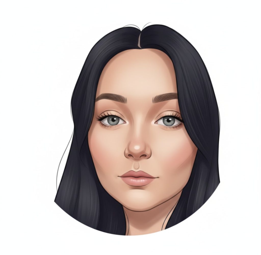Digital illustrated portrait of a woman with long dark hair, grey eyes and a neutral expression, shown against a plain white background.