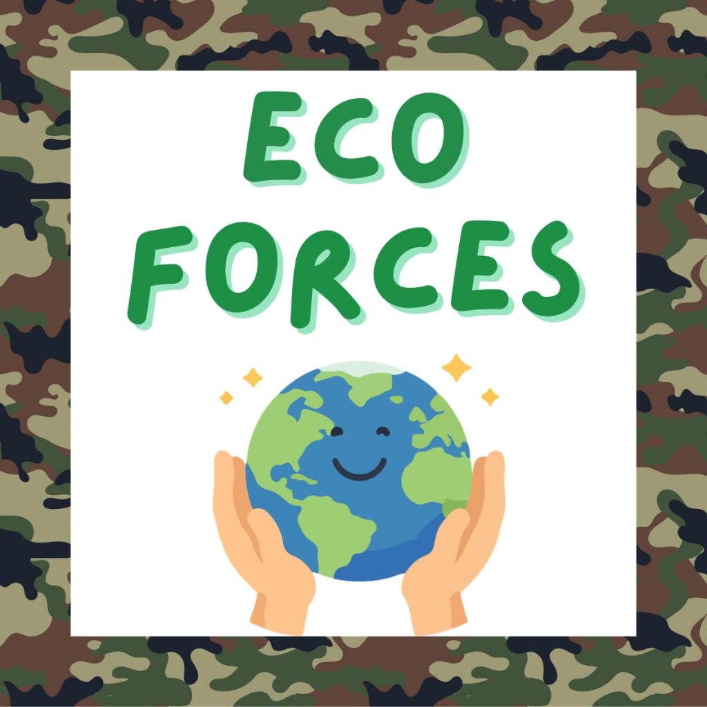 A square Eco Forces graphic with a camouflage-pattern border. In the centre, large green text reads “Eco Forces” above an illustration of smiling planet Earth being held in two hands, with small yellow sparkles around it.
