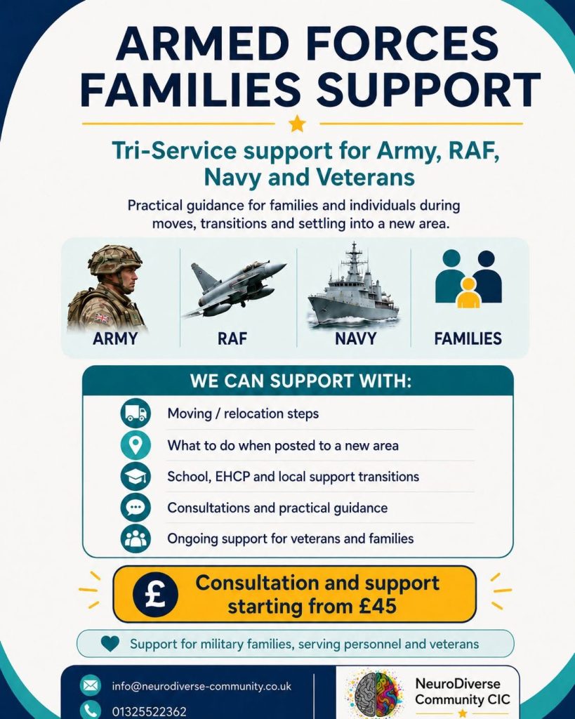Promotional poster for NeuroDiverse Community CIC titled “Armed Forces Families Support.” It advertises tri-service support for Army, RAF, Navy, veterans and families, offering practical guidance during moves, transitions and settling into a new area. The poster includes images/icons representing the Army, RAF, Navy and families. It says support is available for moving and relocation steps, what to do when posted to a new area, school, EHCP and local support transitions, consultations and practical guidance, and ongoing support for veterans and families. Consultation and support starts from £45. Contact details shown are info@neurodiverse-community.co.uk and 01325522362.