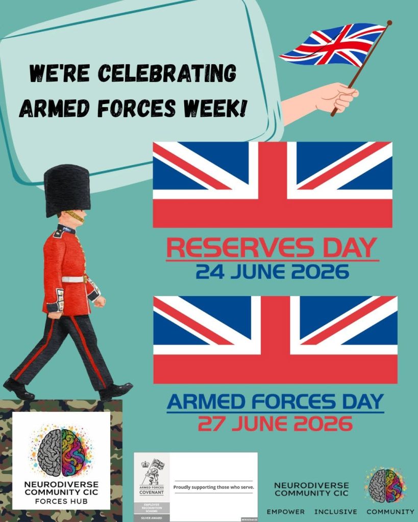 Graphic celebrating Armed Forces Week with a teal background, Union Jack flags and an illustration of a ceremonial guard in red uniform. Text reads “We’re celebrating Armed Forces Week!” and highlights “Reserves Day 24 June 2026” and “Armed Forces Day 27 June 2026.” The image includes NeuroDiverse Community CIC Forces Hub branding, the Armed Forces Covenant Silver Award badge, and the message “Proudly supporting those who serve.”