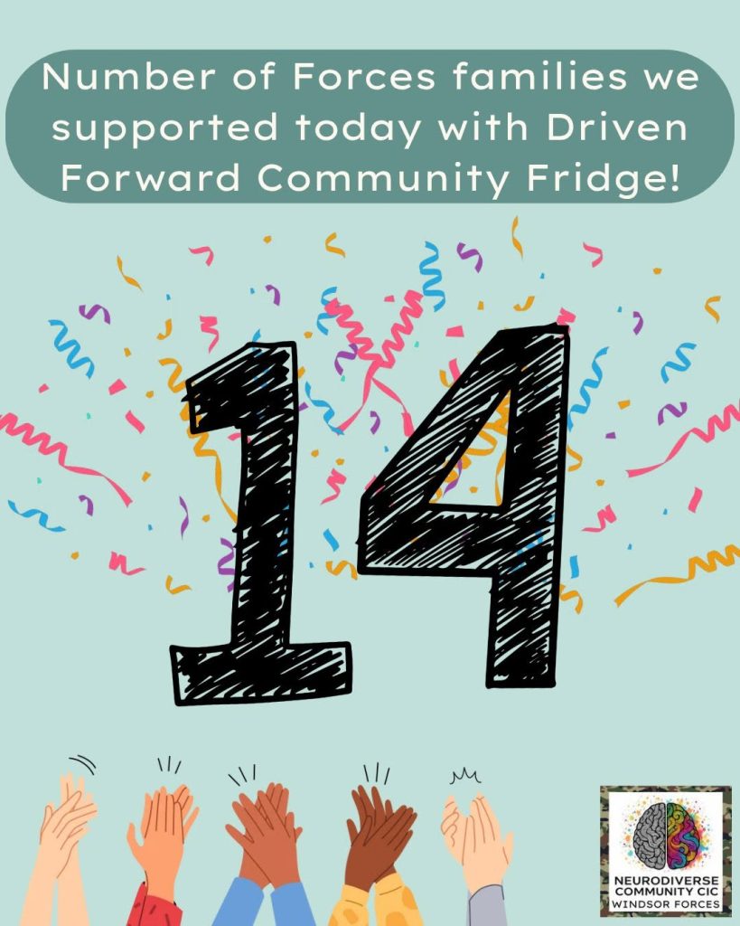 Celebratory NeuroDiverse Community CIC Windsor Forces graphic with a pale green background, colourful confetti and clapping hands. Large central text shows the number “14.” The heading reads: “Number of Forces families we supported today with Driven Forward Community Fridge!” The NeuroDiverse Community CIC Windsor Forces logo appears in the bottom right.