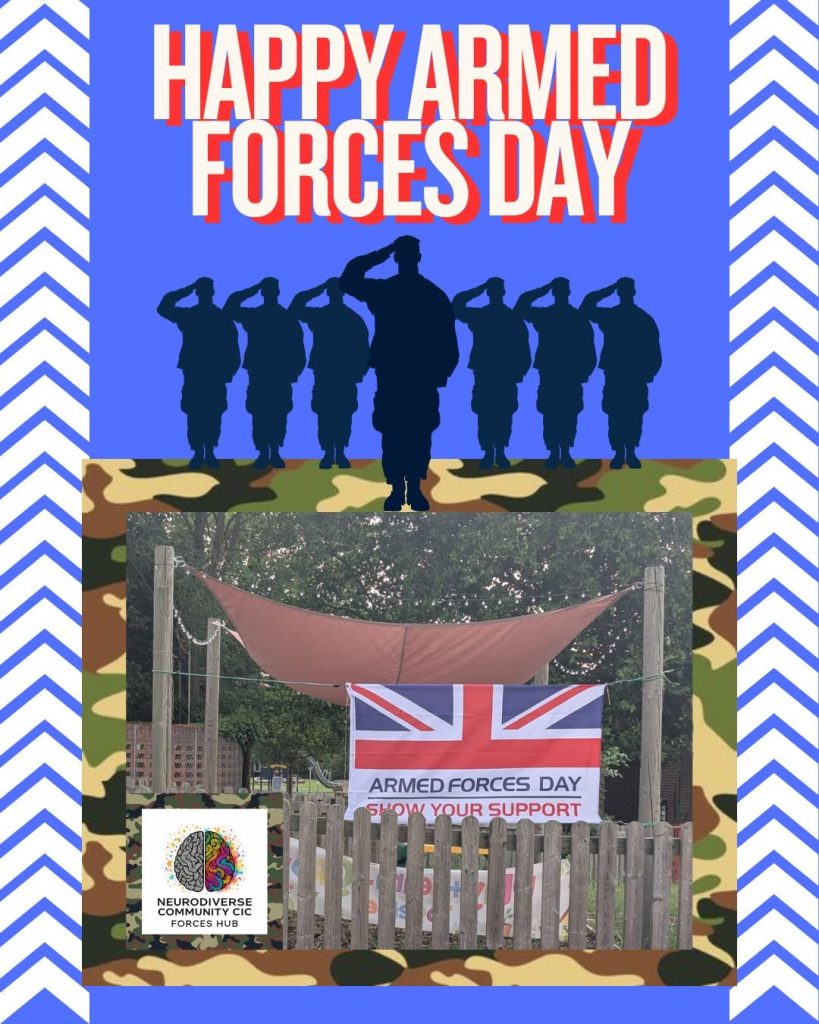 Armed Forces Day graphic with a blue background, white chevron borders and large text reading “Happy Armed Forces Day.” Silhouettes of saluting service personnel stand above a camouflage pattern. The image includes a photo of an Armed Forces Day “Show Your Support” banner displayed outdoors behind a fence, with the NeuroDiverse Community CIC Forces Hub logo in the corner.
