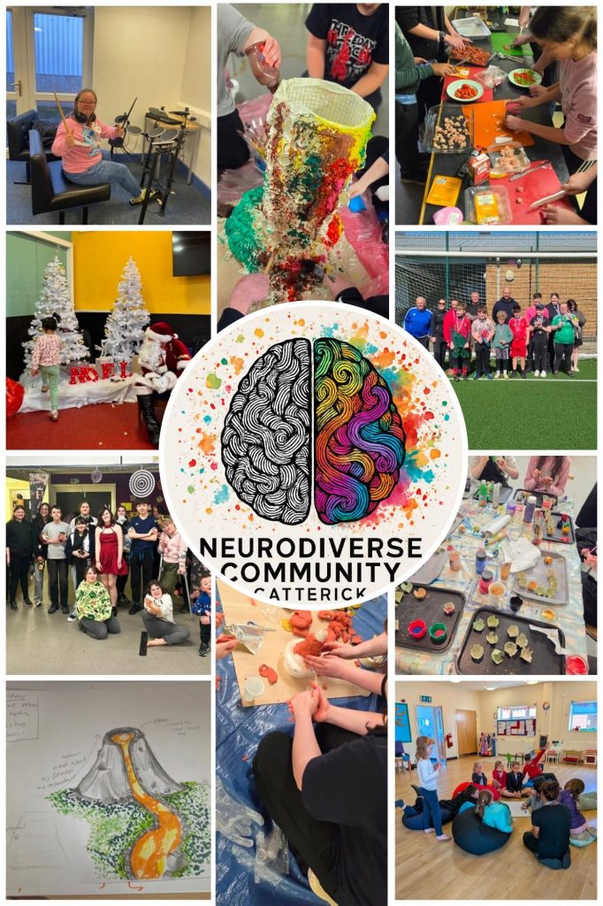 Photo collage for NeuroDiverse Community Catterick showing a range of inclusive group activities. Images include a child playing drums, children and young people taking part in messy sensory art, cooking and food preparation, Christmas activities, group games, sports on an outdoor pitch, creative crafts, volcano-themed learning, clay modelling and group discussions in a community room. The NeuroDiverse Community Catterick logo is displayed prominently in the centre.