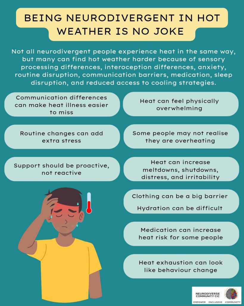 NeuroDiverse Community CIC infographic with a teal background titled “Being neurodivergent in hot weather is no joke.” It explains that hot weather can be harder for some neurodivergent people because of sensory processing differences, interoception differences, anxiety, routine disruption, communication barriers, medication, sleep disruption and reduced access to cooling strategies. Key points include that heat can feel physically overwhelming, some people may not realise they are overheating, heat can increase meltdowns, shutdowns, distress and irritability, clothing and hydration can be barriers, medication can increase heat risk, and heat exhaustion can look like behaviour change. The image includes an illustration of a child looking hot with a thermometer icon and the NeuroDiverse Community CIC logo at the bottom.