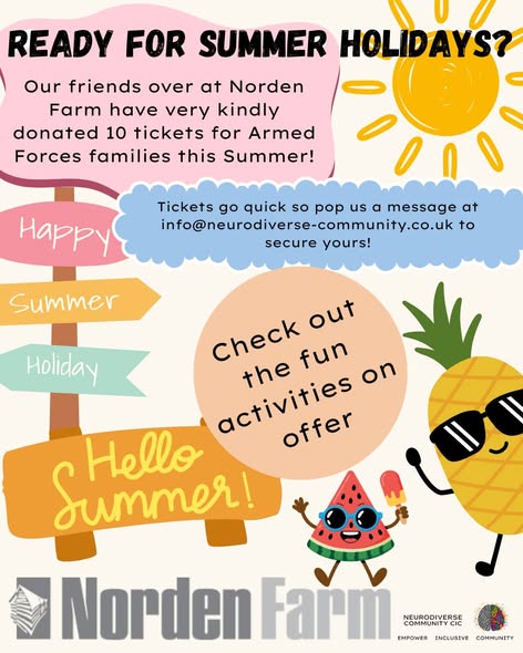 Bright summer-themed poster announcing that Norden Farm has donated 10 tickets for Armed Forces families this summer. The poster says tickets go quickly and families can message info@neurodiverse-community.co.uk to secure theirs. It encourages people to check out the fun activities on offer and includes cheerful illustrations of a sun, summer signs, a pineapple wearing sunglasses, a watermelon character, ice lolly, and “Hello Summer!” text. Logos for Norden Farm and NeuroDiverse Community CIC appear at the bottom.