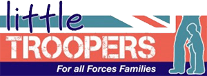 Little Troopers logo with the words “little TROOPERS” in purple, white and red, alongside a small Union Jack-style graphic and a silhouette of an adult holding a child’s hand. Underneath, the tagline reads “For all Forces Families.”