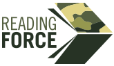 Reading Force logo showing the words “Reading Force” in dark green, with an open book graphic containing a camouflage pattern.