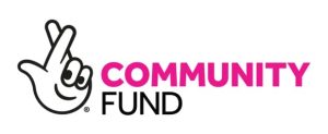 Community Fund logo showing the crossed-fingers National Lottery hand symbol beside the words “Community Fund,” with “Community” in bright pink and “Fund” in black.