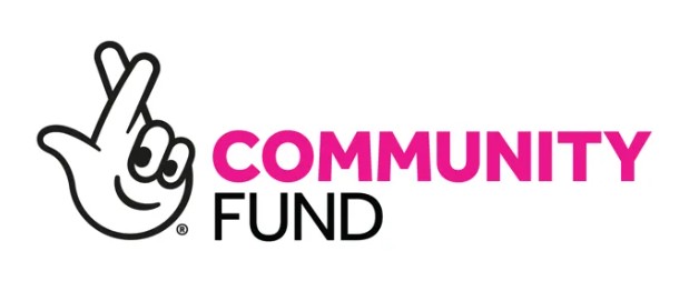 Community Fund logo showing the crossed-fingers National Lottery hand symbol beside the words “Community Fund,” with “Community” in bright pink and “Fund” in black.