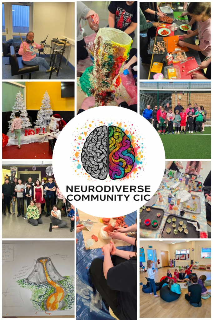 Collage of NeuroDiverse Community CIC activities with the NDC logo in the centre. Surrounding photos show children, young people and adults taking part in music, cooking, sports, Christmas activities, group sessions, creative crafts, sensory play and art projects, including volcano-themed activities and a group discussion in a community room.