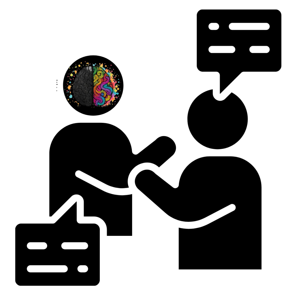 Black background with the NeuroDiverse Community CIC colourful brain logo positioned slightly left of centre. The logo shows one half of the brain in black and grey patterns and the other half in bright rainbow colours, surrounded by colourful paint splashes.