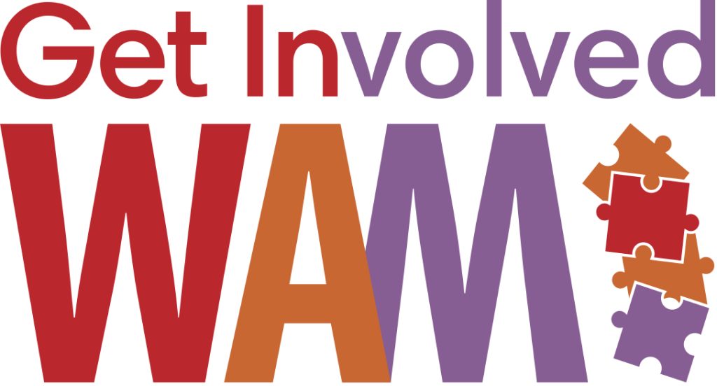 Get Involved WAM logo with the words “Get Involved” above large colourful “WAM!” lettering, alongside three interlocking puzzle pieces in orange, red and purple.