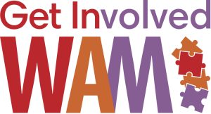 Get Involved WAM logo with the words “Get Involved” above large colourful “WAM!” lettering, alongside three interlocking puzzle pieces in orange, red and purple.