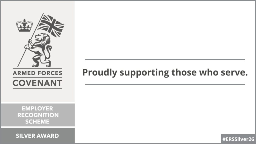 Armed Forces Covenant Employer Recognition Scheme Silver Award graphic. The image shows the Armed Forces Covenant logo with a lion holding a Union Jack flag, alongside the text “Proudly supporting those who serve” and the hashtag “#ERSSilver26.”
