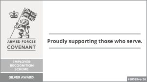Armed Forces Covenant Employer Recognition Scheme Silver Award graphic. The image shows the Armed Forces Covenant logo with a lion holding a Union Jack flag, alongside the text “Proudly supporting those who serve” and the hashtag “#ERSSilver26.”