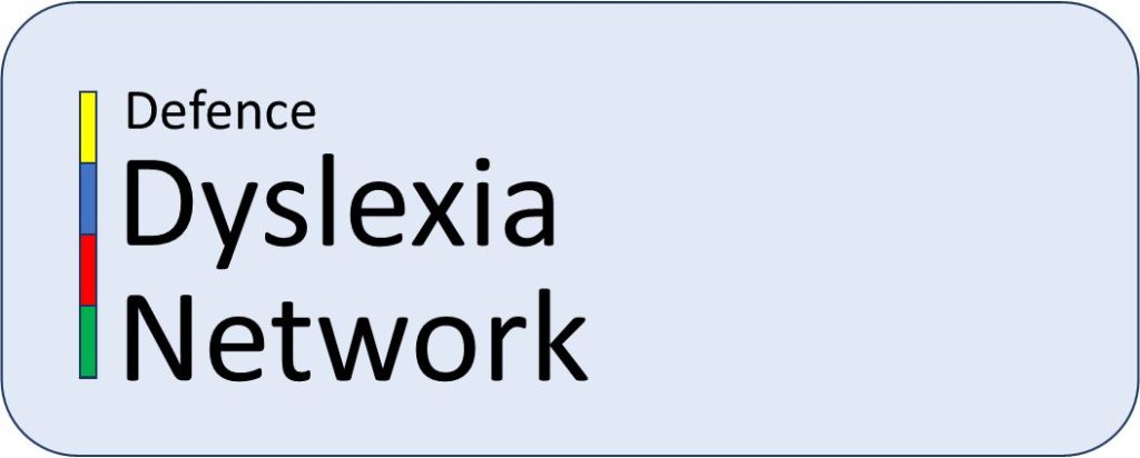 Defence Dyslexia Network logo on a pale blue background, featuring the words “Defence Dyslexia Network” alongside a vertical multicoloured bar in yellow, blue, red and green.