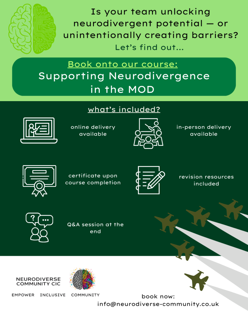 Promotional poster for NeuroDiverse Community CIC’s **Supporting Neurodivergence in the MOD** course. The poster asks, “Is your team unlocking neurodivergent potential – or unintentionally creating barriers? Let’s find out…” It advertises both online and in-person delivery and includes a certificate upon course completion, revision resources and a Q&A session at the end. The green design features a half-brain, half-circuit illustration, training icons and silhouettes of military aircraft. NeuroDiverse Community CIC branding appears at the bottom with the words “Empower, Inclusive, Community.” Booking enquiries: **[info@neurodiverse-community.co.uk](mailto:info@neurodiverse-community.co.uk)**.