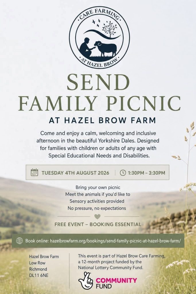 An event flyer titled "SEND Family Picnic at Hazel Brow Farm"