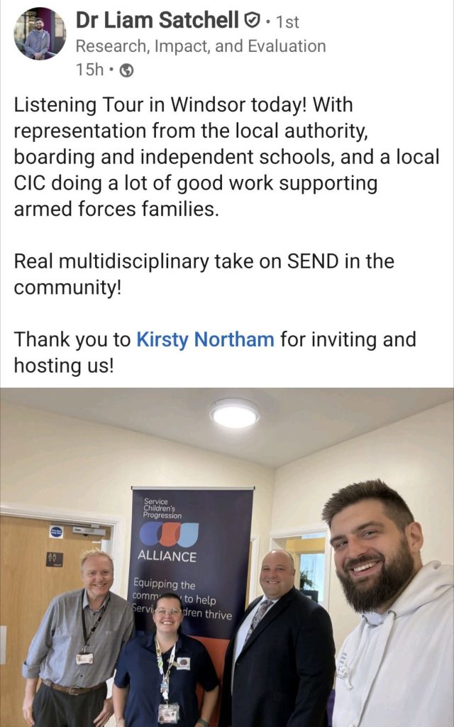A screenshot of a social media post by Dr Liam Satchell featuring an indoor group selfie.