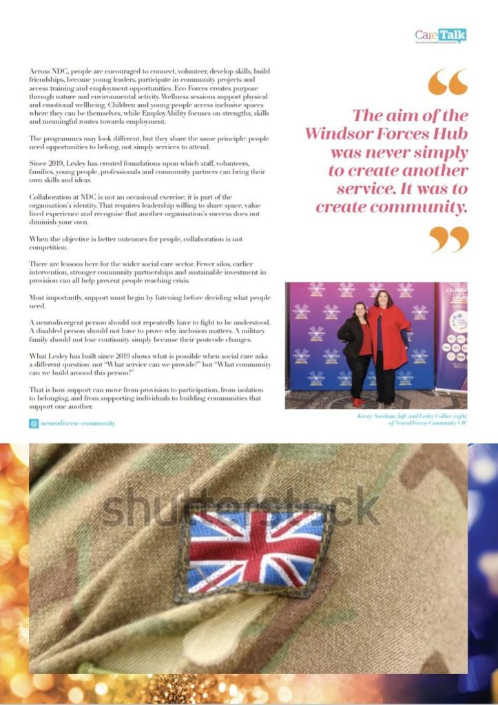 Page 2 of the Care Talk magazine article detailing the impact and ethos of NeuroDiverse Community CIC.