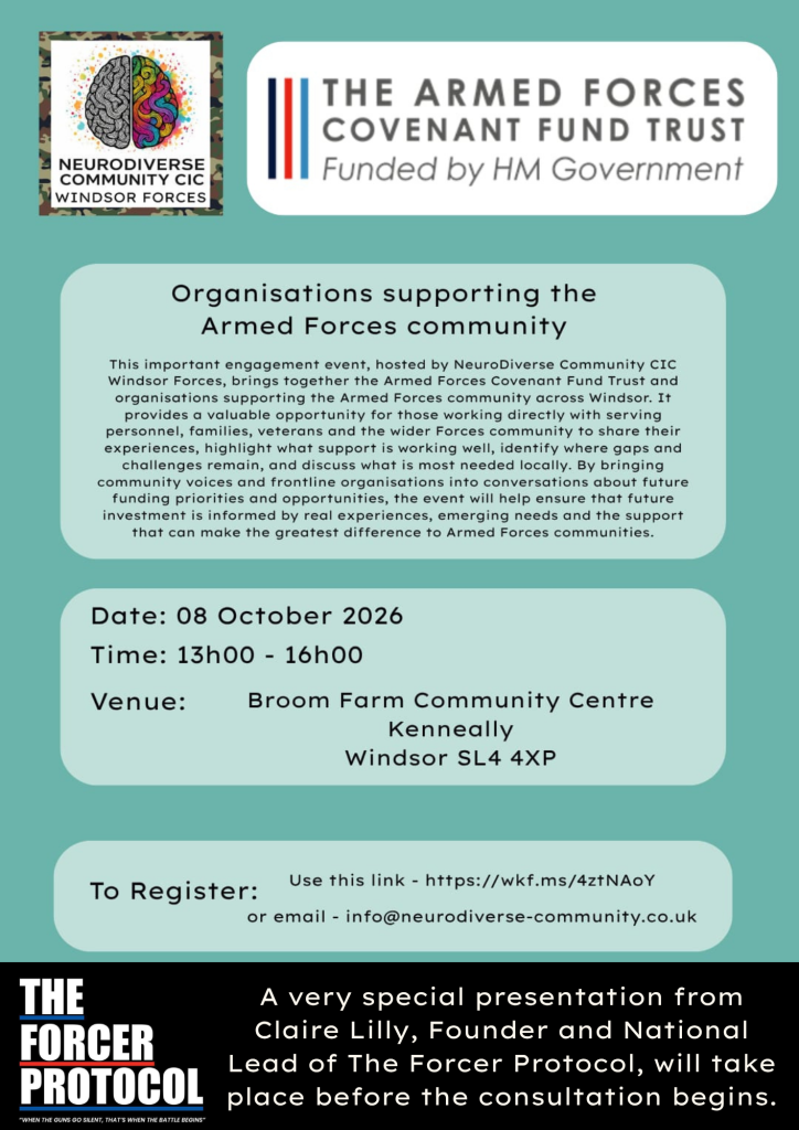 Event flyer for "Organisations supporting the Armed Forces community," hosted by NeuroDiverse Community CIC Windsor Forces and The Armed Forces Covenant Fund Trust. Scheduled for 08 October 2026 from 13:00 to 16:00 at Broom Farm Community Centre, Windsor. Features a presentation by Claire Lilly of The Forcer Protocol. Registration link: https://wkf.ms/4ztNAoY.