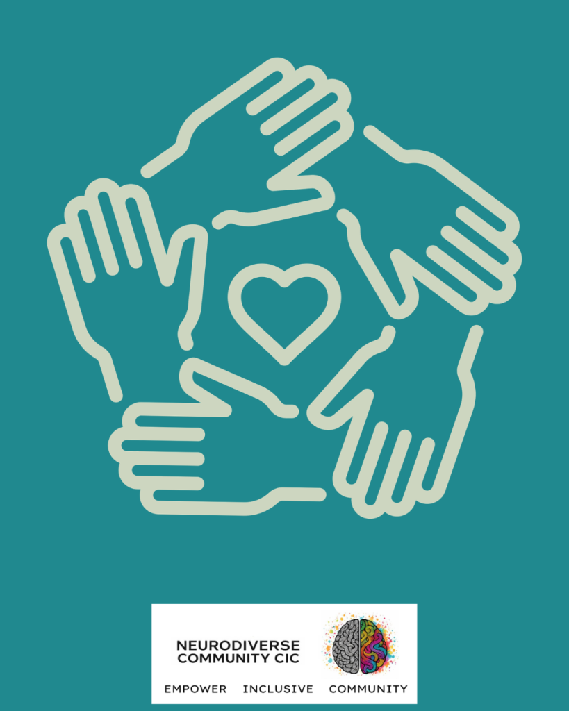 five hands in a circle with a heart in the centre