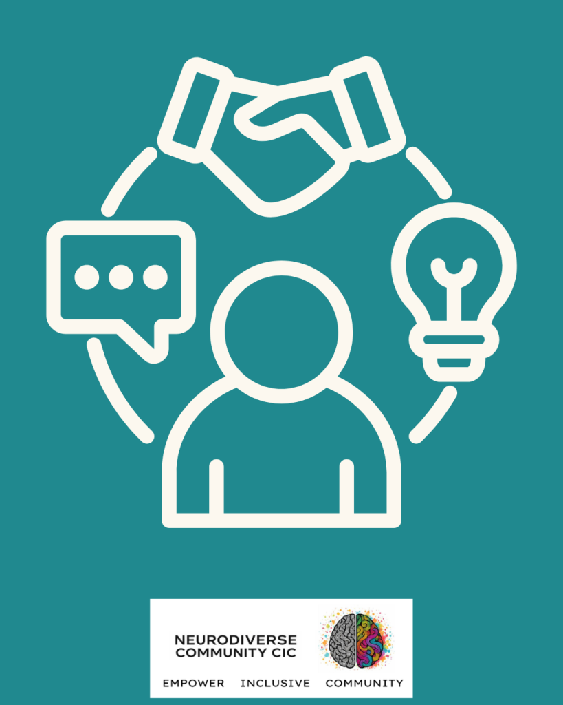 Icon picture with a person, a chat speech bubble, hands shaking, light bulb all in the circle