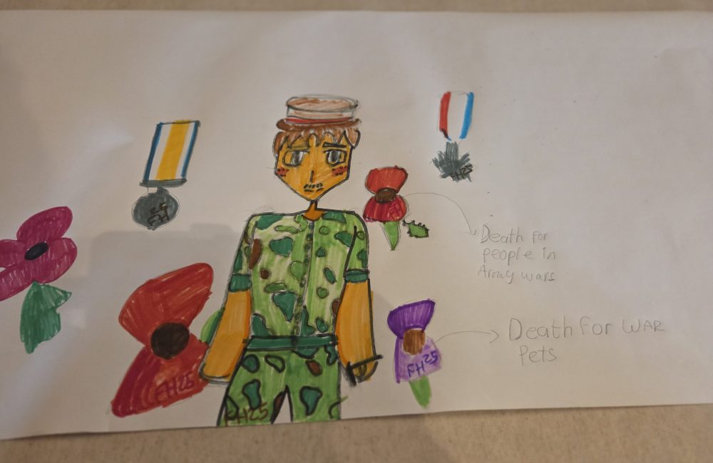 **Alternative text:** A child’s hand-drawn picture of a person in camouflage uniform, surrounded by poppies and medals. Handwritten labels point to the poppies, including “Death for people in Army wars” and “Death for war pets,” showing a Remembrance-themed drawing.