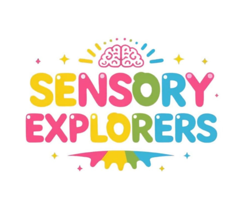 **Alternative text:** Colourful “Sensory Explorers” logo with large playful letters in yellow, pink, green and blue. A small brain icon, decorative lines, stars and a rainbow-coloured splash design appear around the text on a white background.